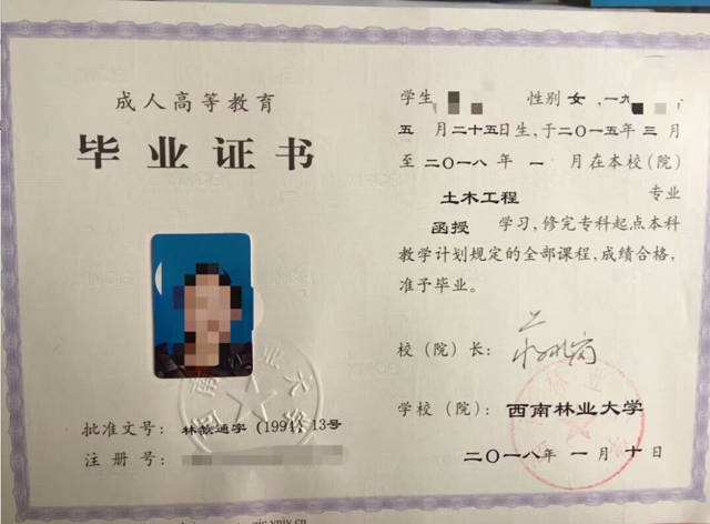 西南林業成人大學成人高考畢業證